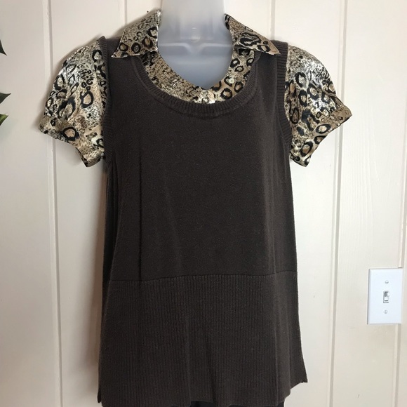 AGB Brown & Cheetah Animal Print Blouse 
Size Large 10 - 12
55% Ramie 45% Cotton - Picture 3 of 12